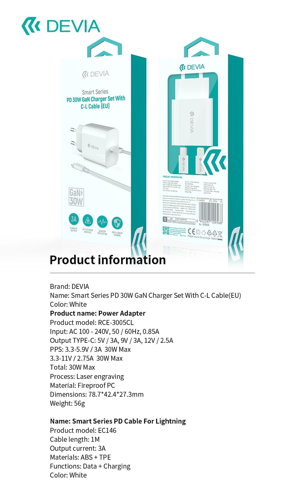 Devia RCE-3005CL Smart PD 30W GaN Hálózati Töltőfej + Lightning PD Kábel- 