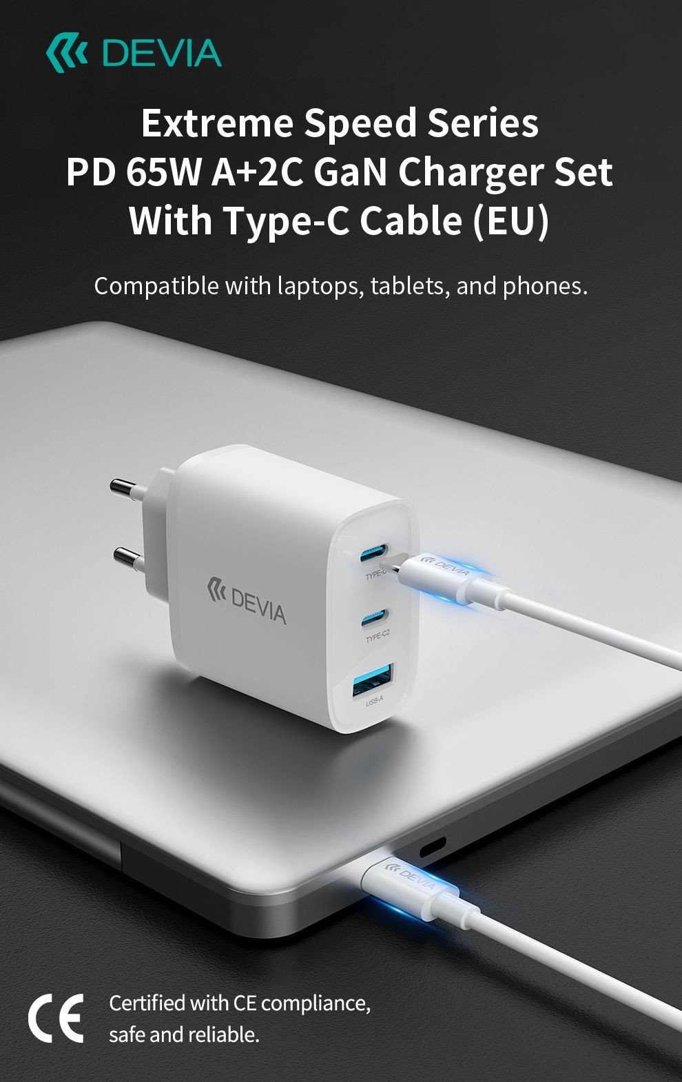 Devia RCE-6505ACCL Extreme Speed PD 65W GaN + QC 3.0 Hálózati Töltőfej - F