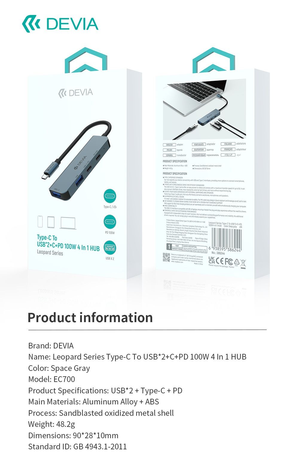 Devia EC700 Leopard 4in1 Multi PD HUB Adapter - Grafit
