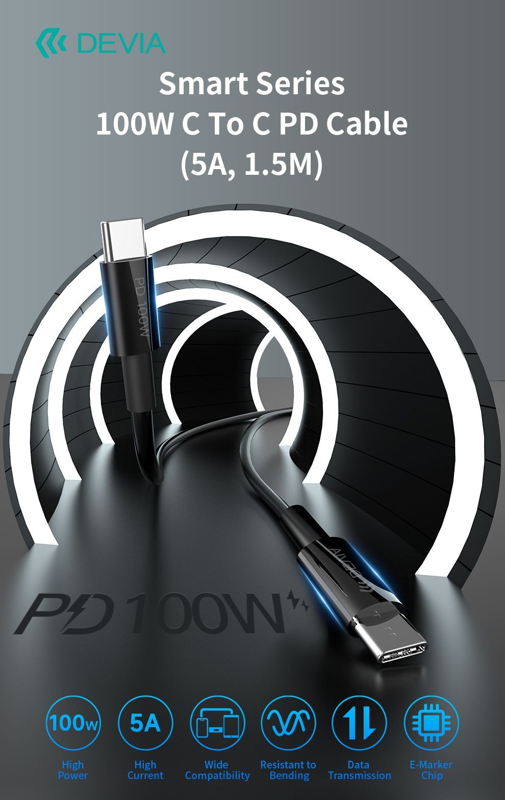 DEVIA EC317 Smart PD 100W USB Type-C 1.5M Adatkábel - Fekete