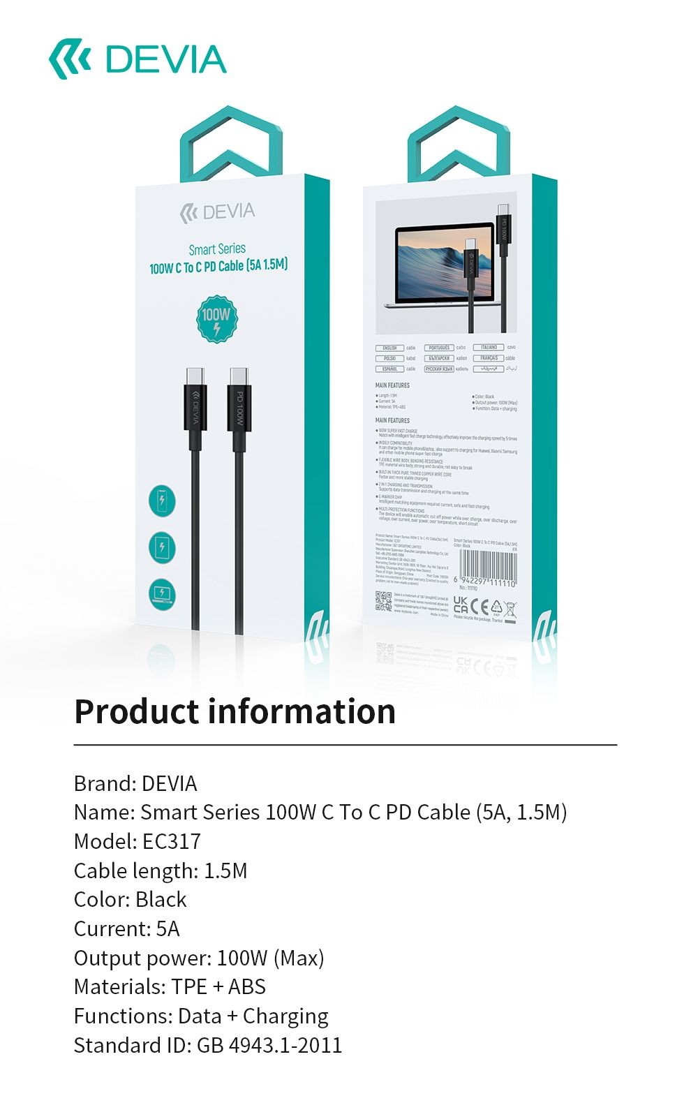 DEVIA EC317 Smart PD 100W USB Type-C 1.5M Adatkábel - Fekete