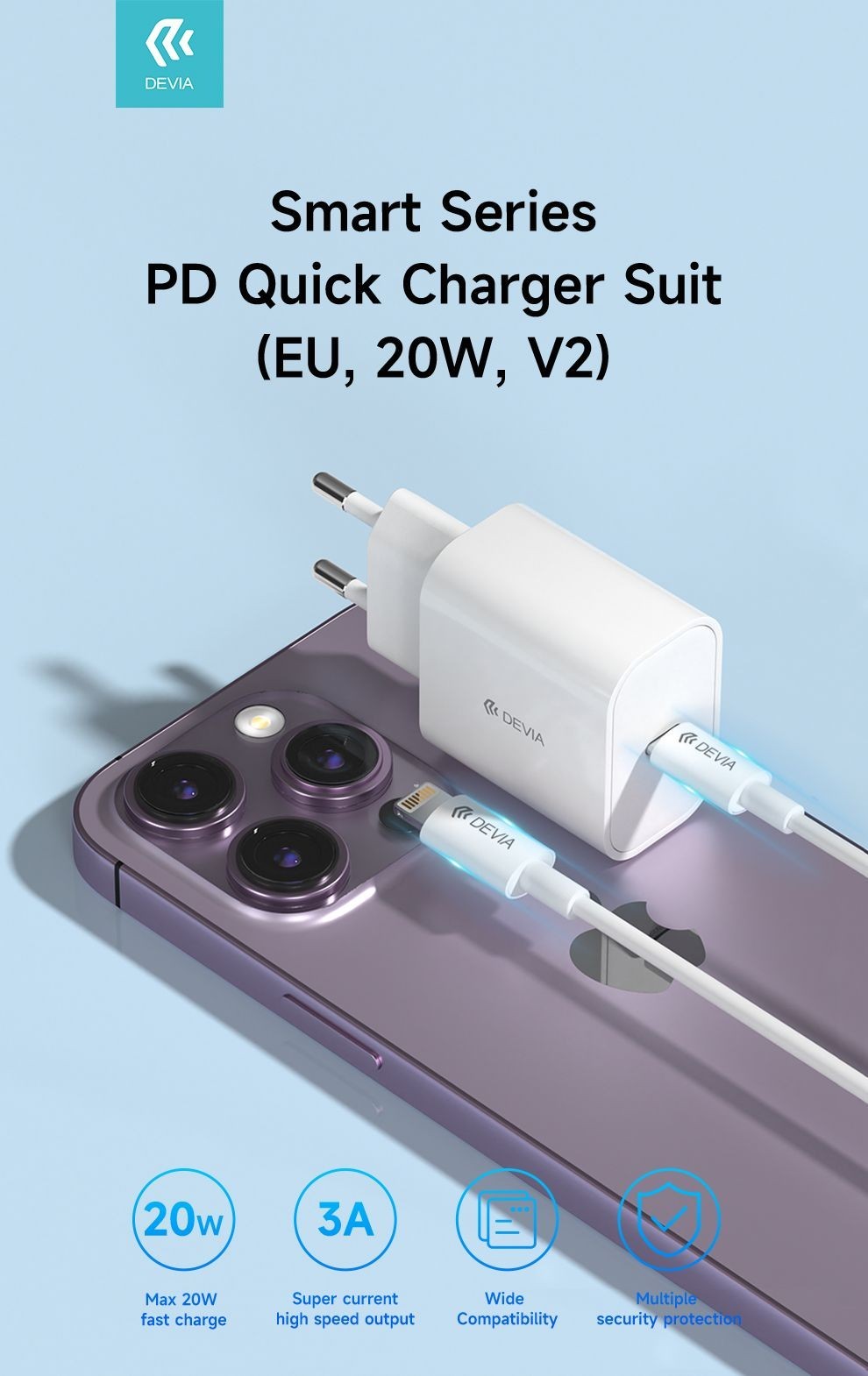 Devia RLC-511 Smart PD 20W Hálózati Töltőfej + PD Lightning Töltőkábel - F