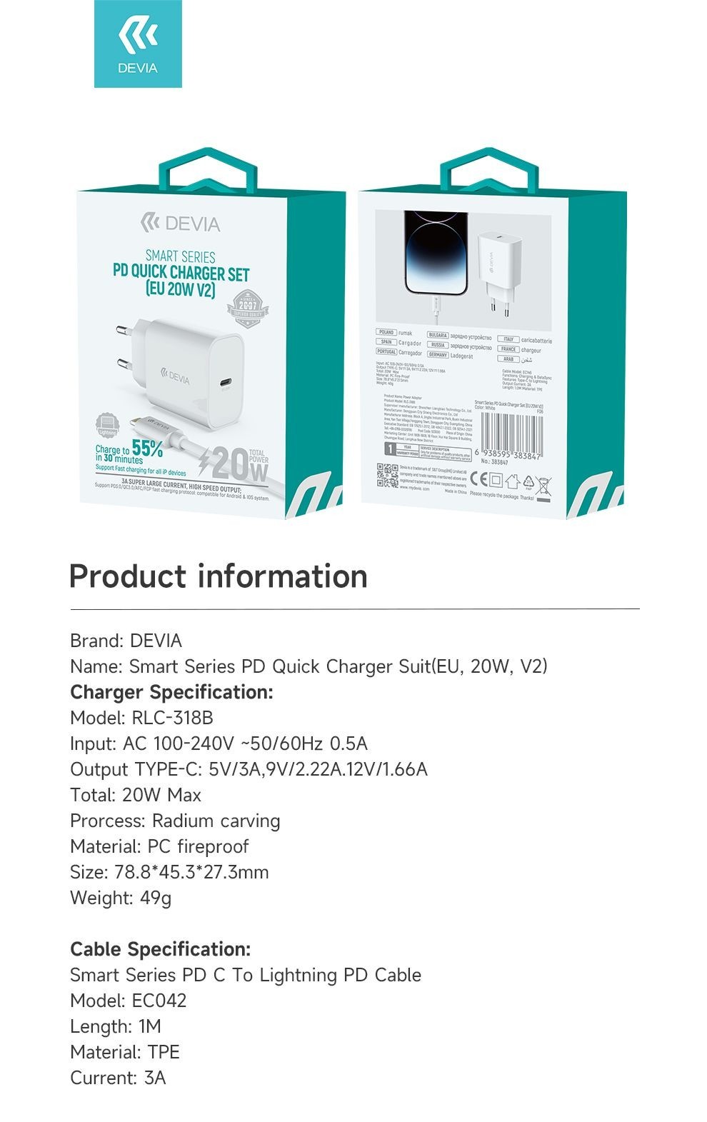 Devia RLC-511 Smart PD 20W Hálózati Töltőfej + PD Lightning Töltőkábel - F