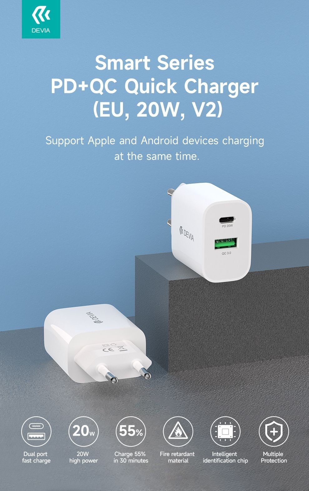 Devia RLC-510 Smart QC 3.0 + PD 20W Hálózati Töltőfej - Fehér