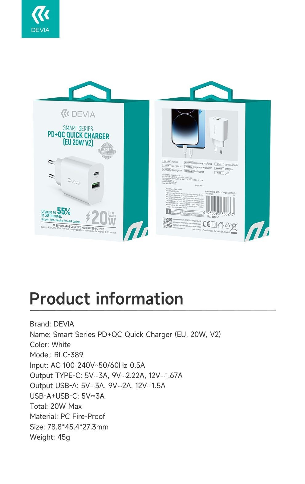 Devia RLC-510 Smart QC 3.0 + PD 20W Hálózati Töltőfej - Fehér