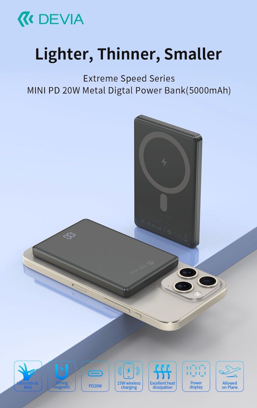 DEVIA EP190 Extreme Speed Metal Digital 5000 mAh PD 20W Magsafe Powerbank 