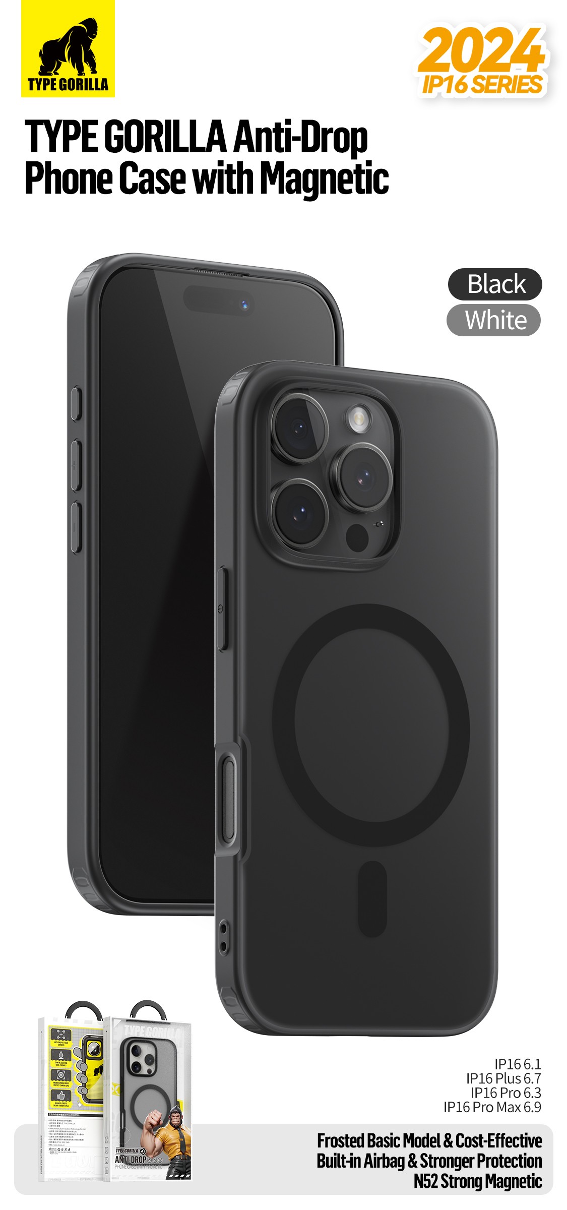 Apple iPhone 16 TG Frosted Anti-Drop Magsafe Hátlap - Fekete