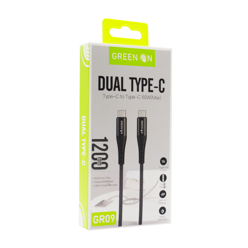 Green On GR09 PD 60W USB Type-C 1.2M Adatkábel - Fekete