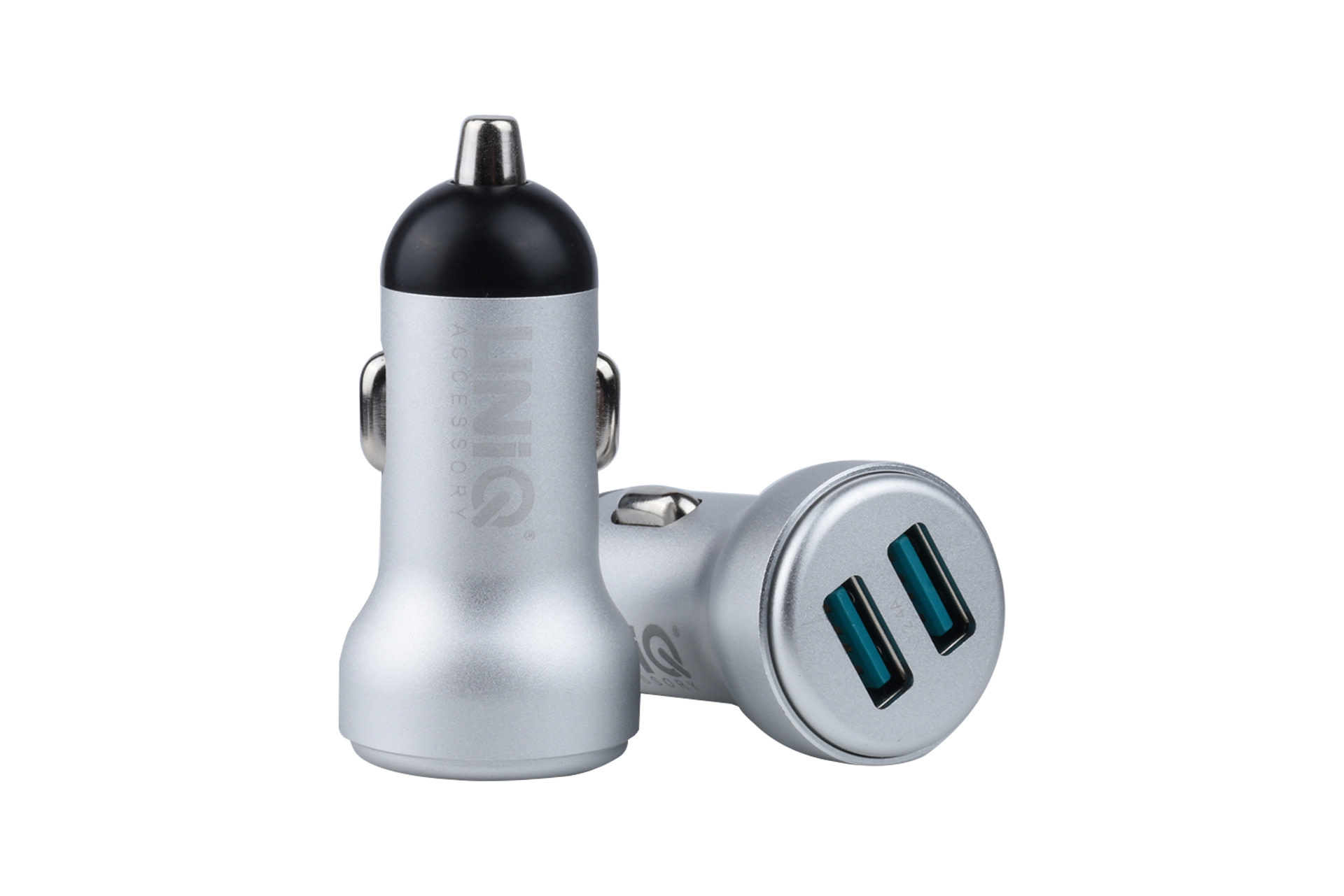 UNIQ 2.4A 2xUSB Autós Töltőfej + Lightning 1M Adatkábel - Ezüst