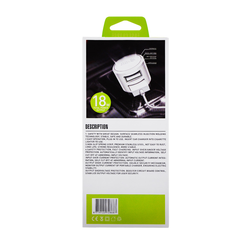 Green On C309 QC 18W Autós töltőfej és Micro USB Adatkábel - Fehér
