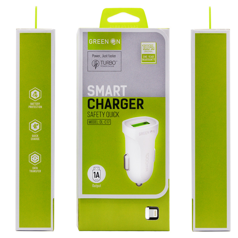 Green On DL-C17 1A USB Autós Töltő és Lightning Adatkábel - Fehér