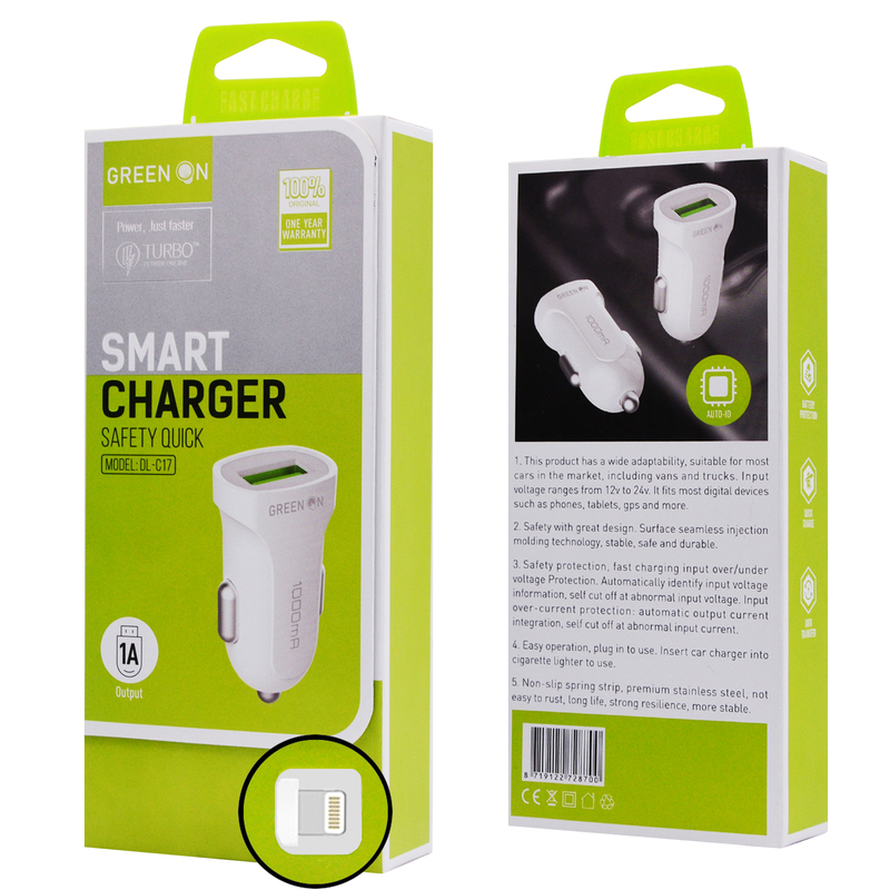 Green On DL-C17 1A USB Autós Töltő és Lightning Adatkábel - Fehér