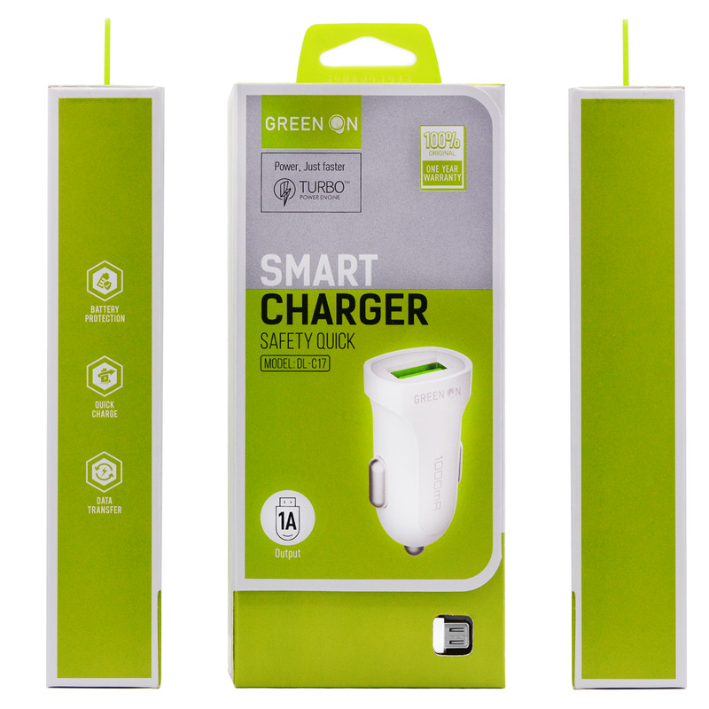 Green On DL-C17 1A USB Autós Töltő és Micro USB Adatkábel - Fehér