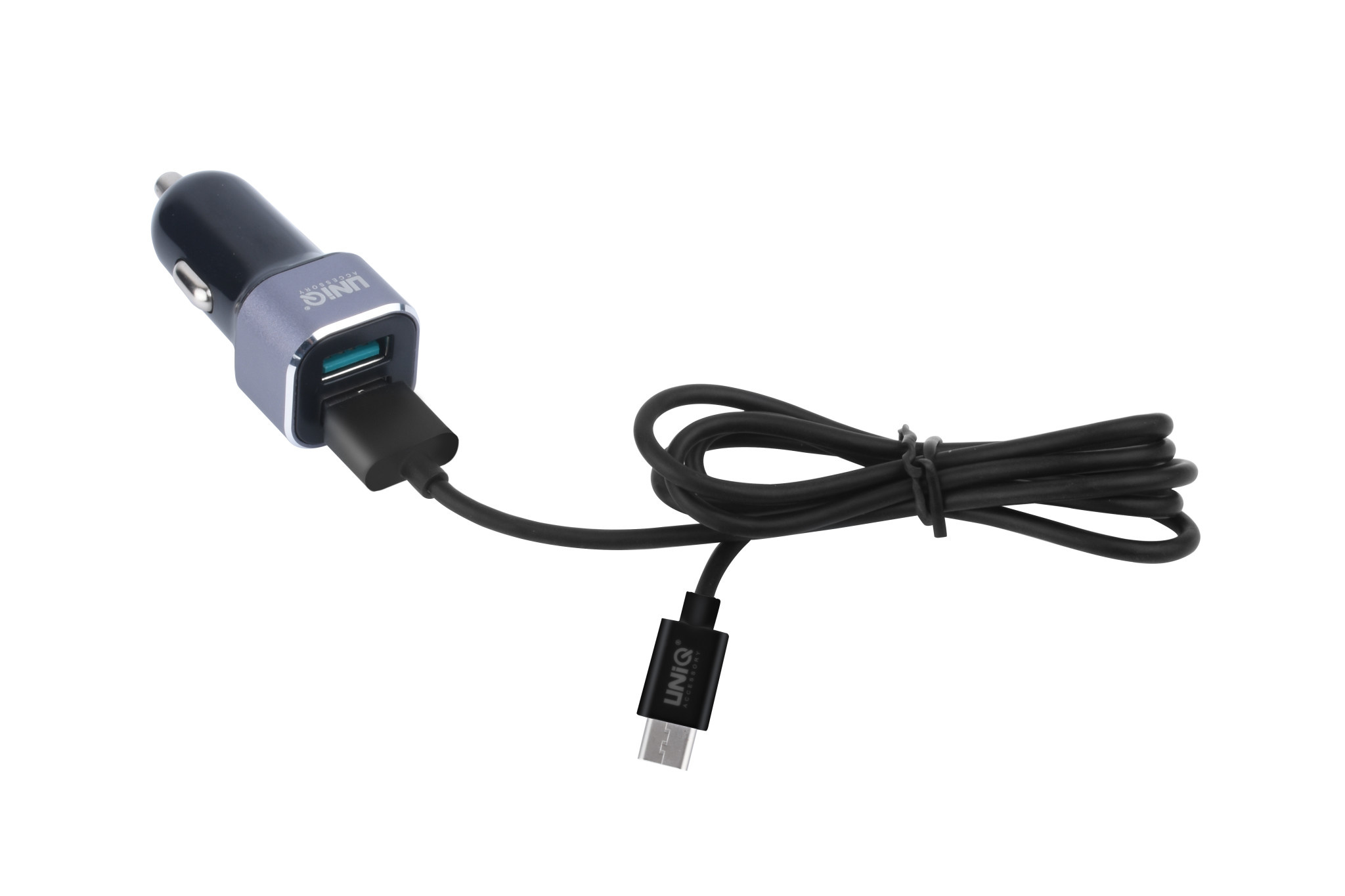 UNIQ 2.4A 2xUSB Autós Töltőfej + Micro USB 1M Adatkábel - Grafit