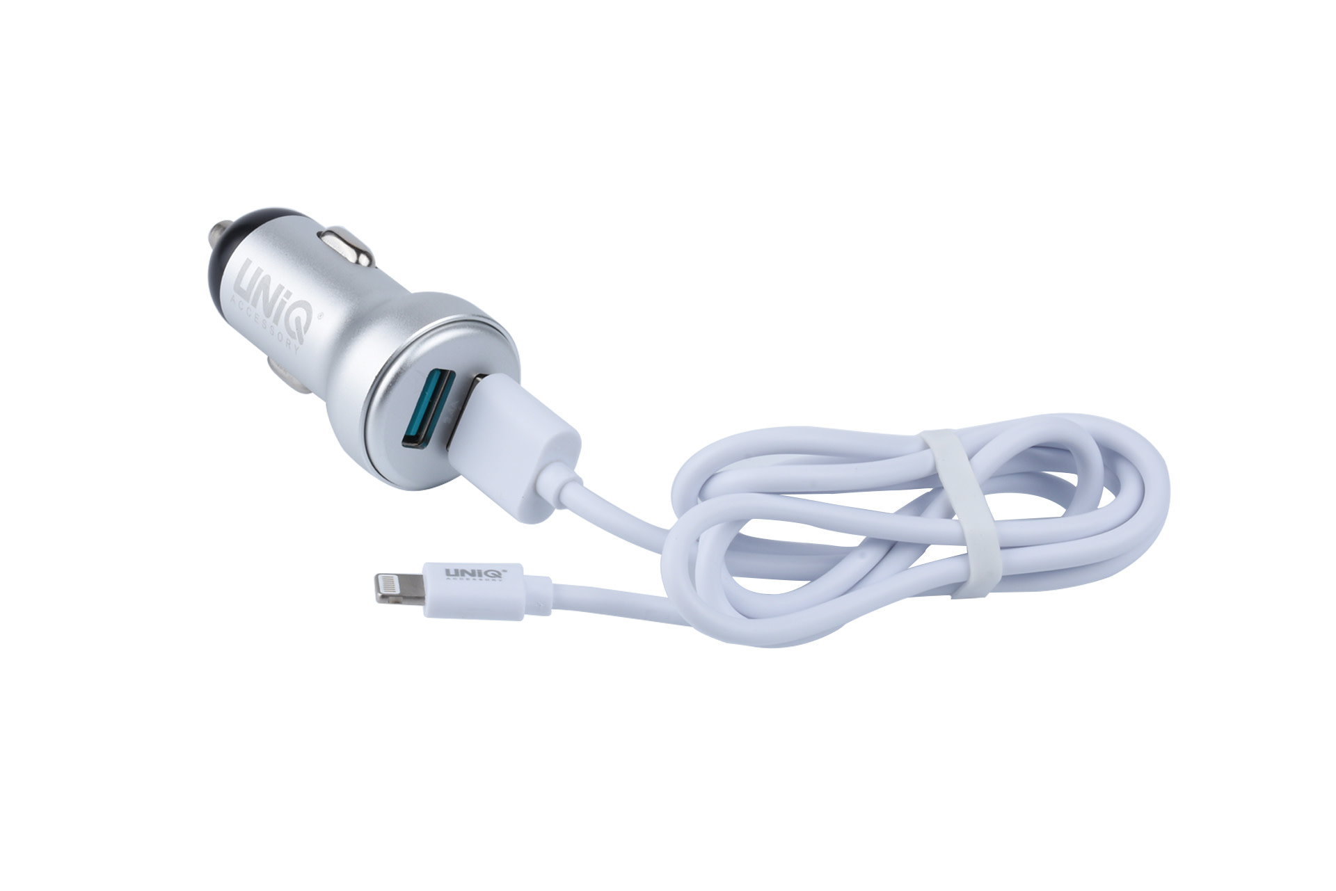 UNIQ 2.4A 2xUSB Autós Töltőfej + Lightning 1M Adatkábel - Ezüst