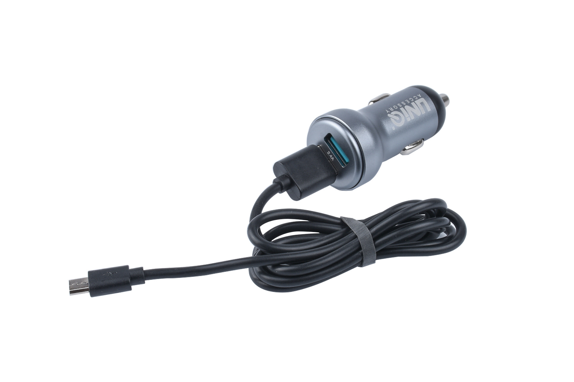 UNIQ 2.4A 2xUSB Autós Töltőfej + Micro USB 1M Adatkábel - Szürke