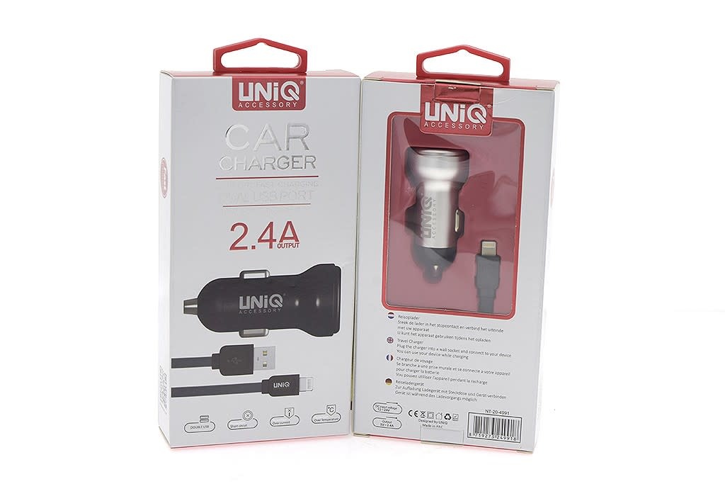 UNIQ 2.4A 2xUSB Autós Töltőfej + Lightning 1M Adatkábel - Ezüst