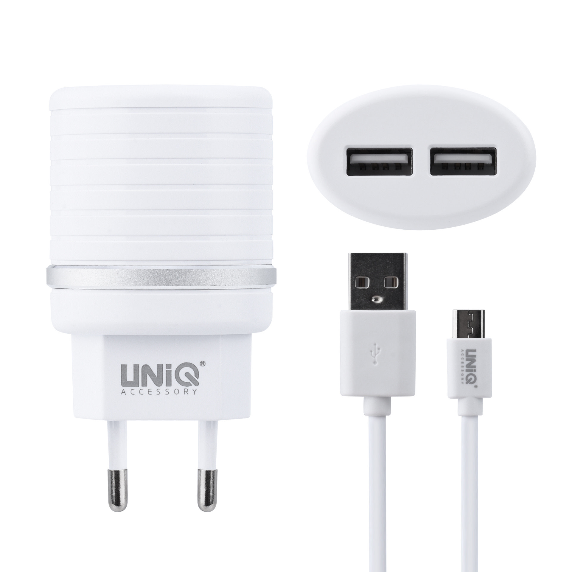 UNIQ 2.4A 2xUSB Hálózati Töltőfej + 1m Micro USB Töltőkábel - Fehér