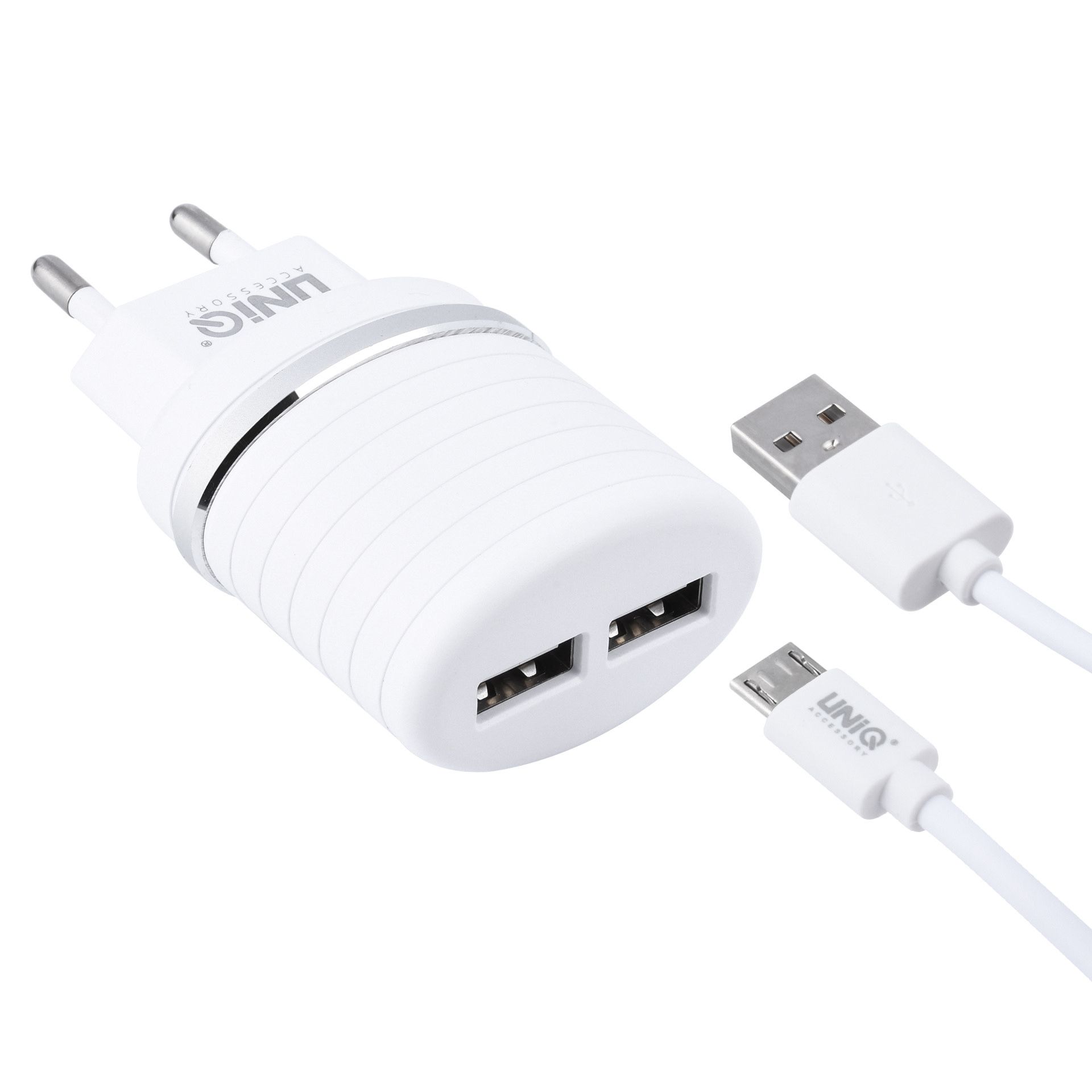 UNIQ 2.4A 2xUSB Hálózati Töltőfej + 1m Micro USB Töltőkábel - Fehér
