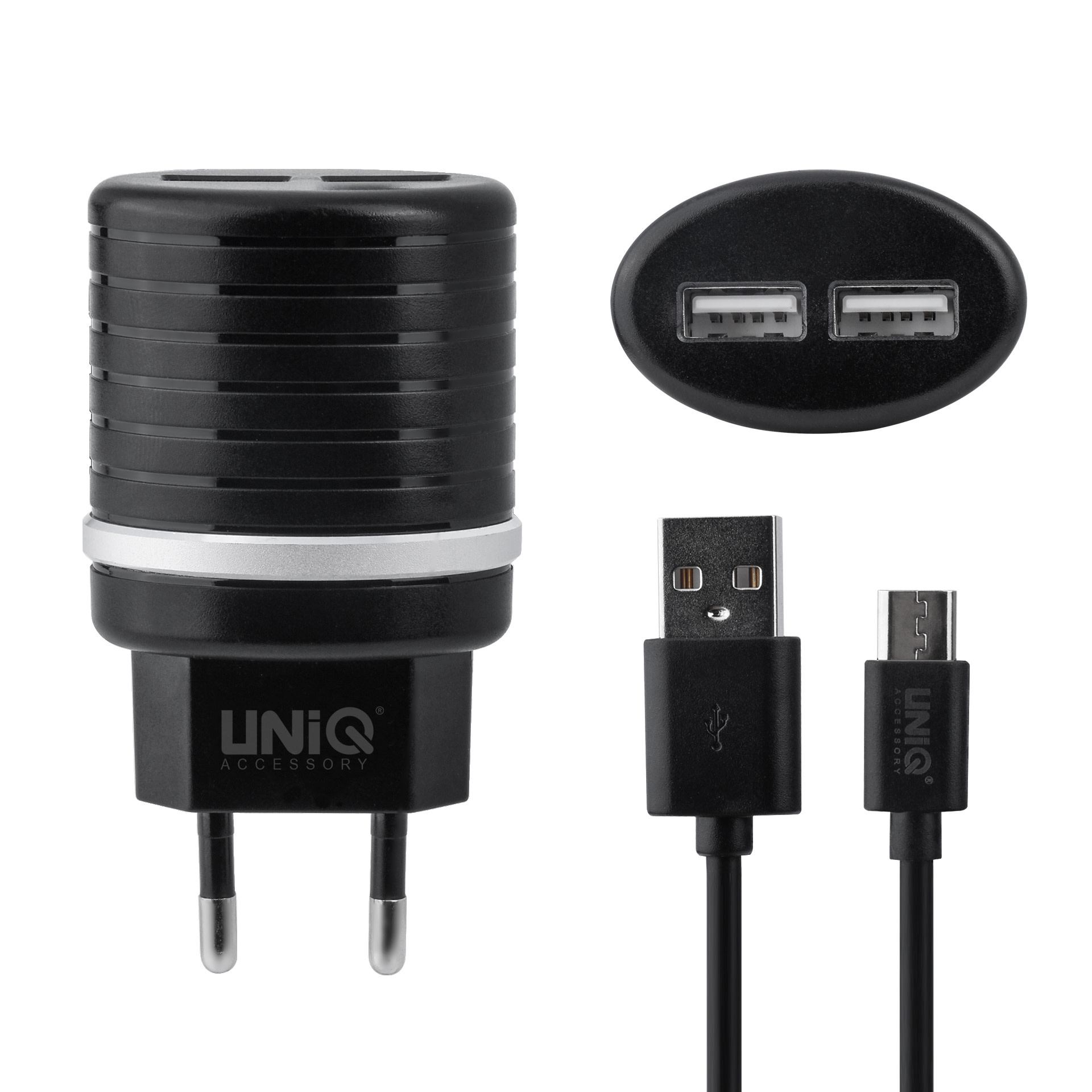 UNIQ 2.4A 2xUSB Hálózati Töltőfej + 1m Micro USB Töltőkábel - Fekete