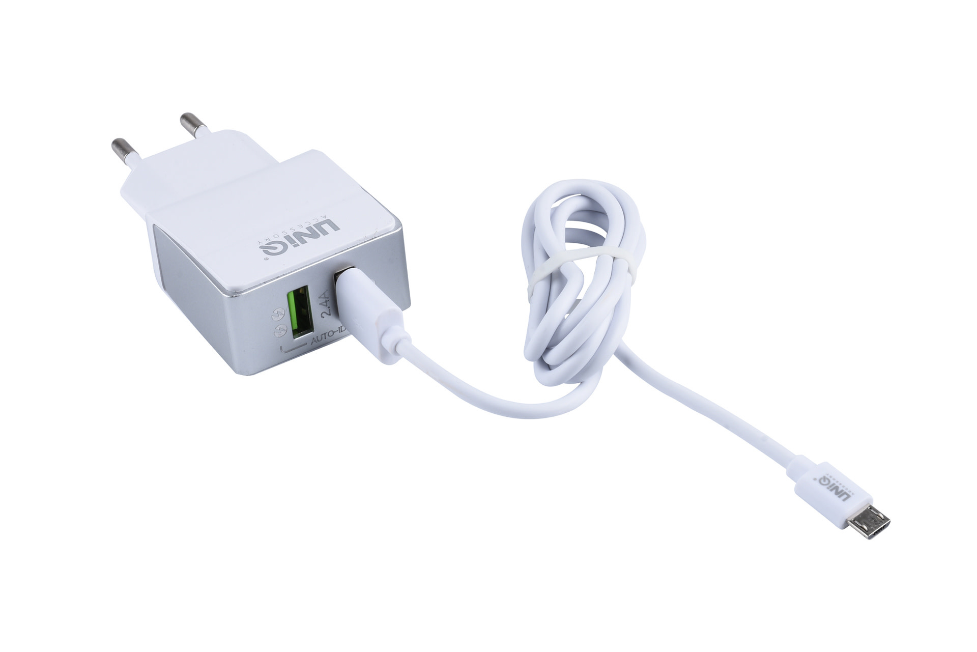 UNIQ 2.4A 2xUSB Hálózati Töltőfej + 1m Micro USB Töltőkábel - Fehér