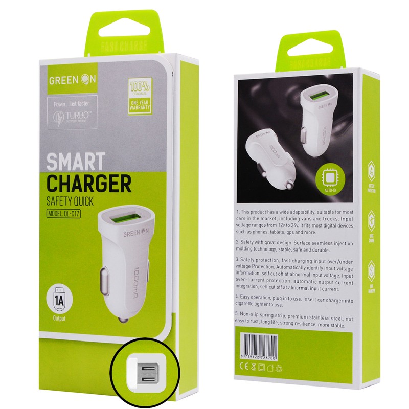 Green On DL-C17 1A USB Autós Töltő - Fehér