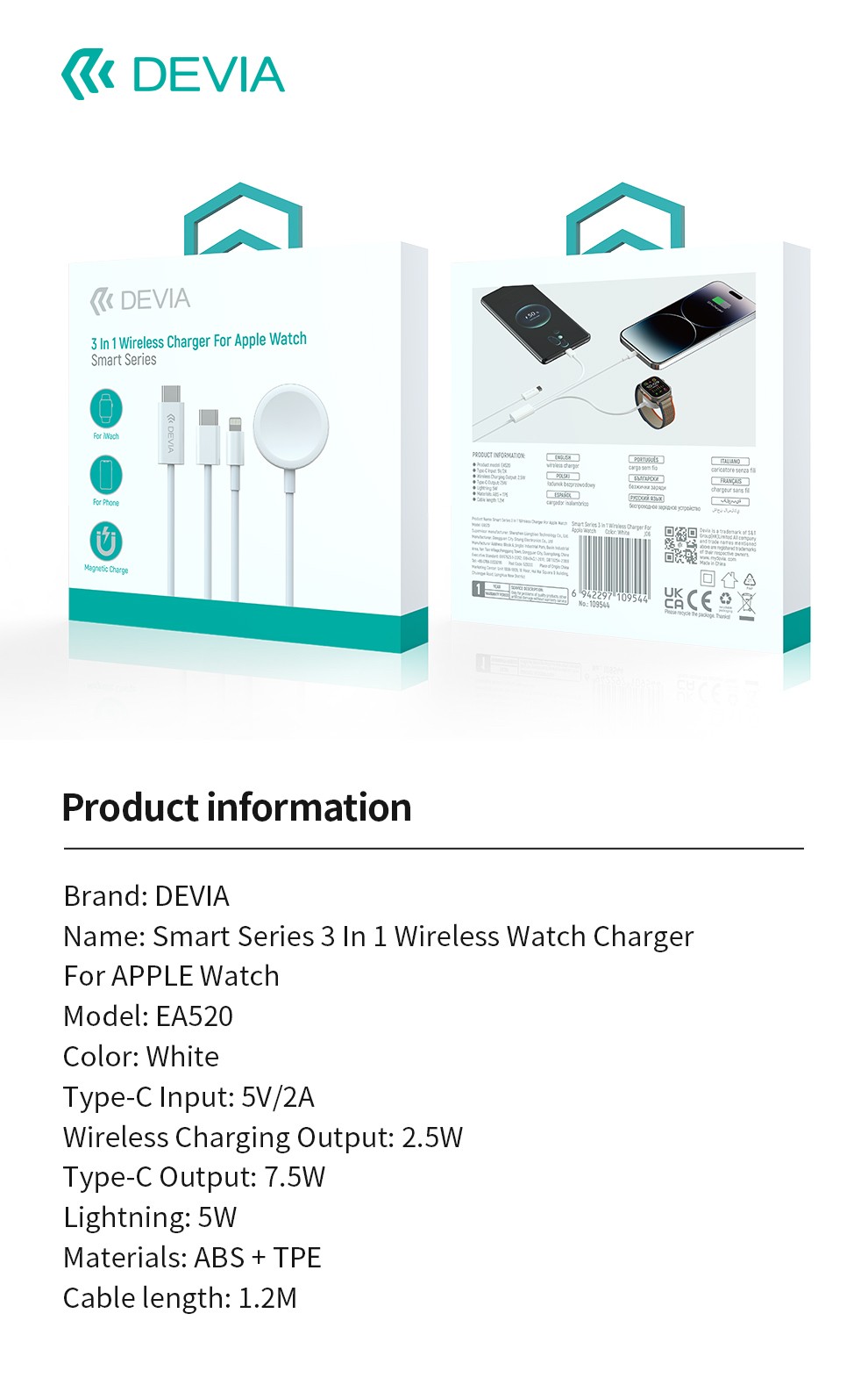 DEVIA EA520 Smart 3in1 Magnetic Wireless Apple iWatch Töltő - Fehér