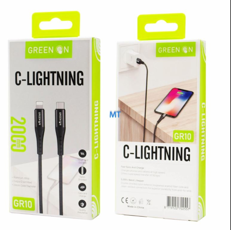 Green On GR10 PD 60W USB Lightning PD 2M Adatkábel - Fekete