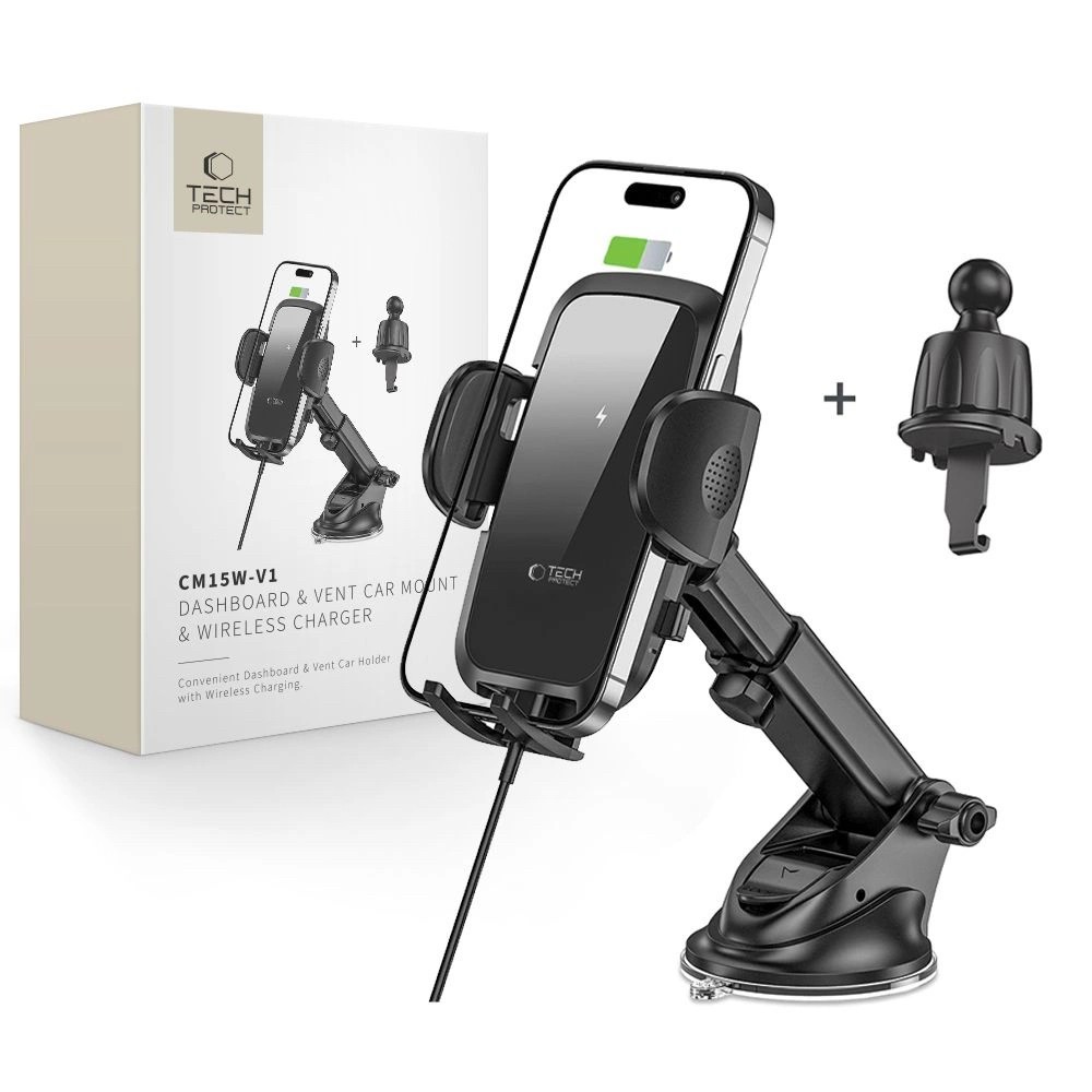 Tech-Protect CM15W-V1 Automata 2in1 Wireless Autós Töltő és Tartó - Fekete