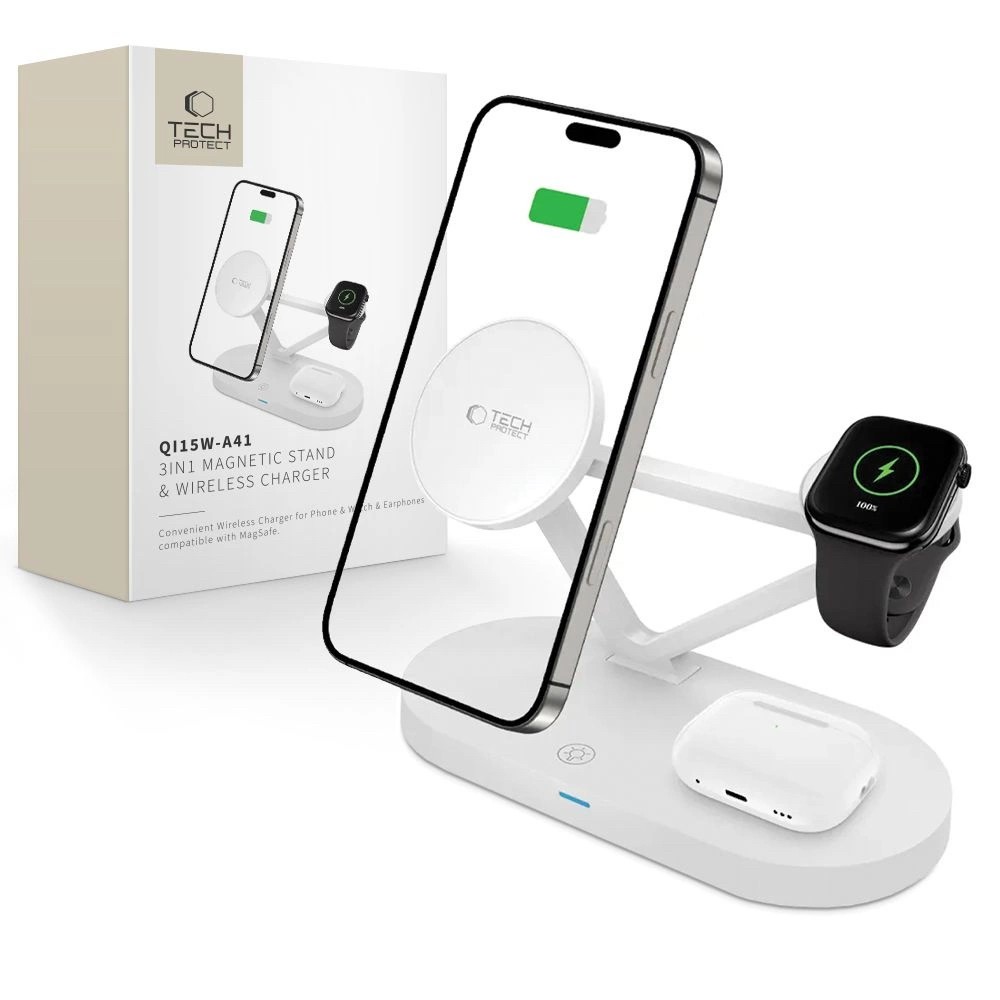 Tech-Protect QI15W-A41 3in1 MagSafe Asztali Töltő + Led Esti Fény - Fehér