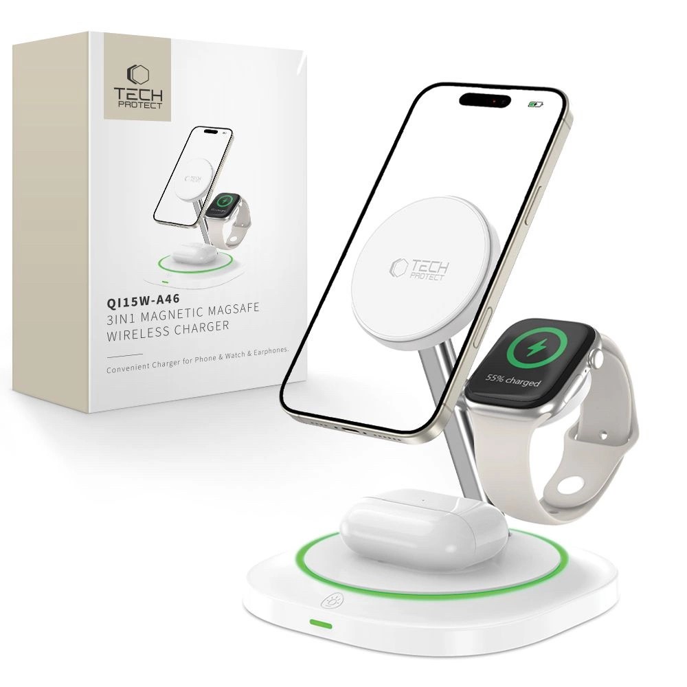 Tech-Protect QI15W-A46 3in1 MagSafe Asztali Töltő - Fehér