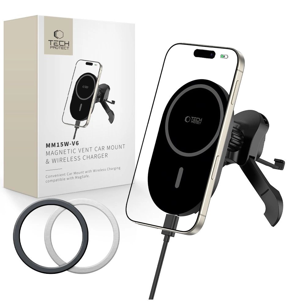 Tech-Protect MM15W-V6 Magsafe Autós Töltő és Tartó - Fekete