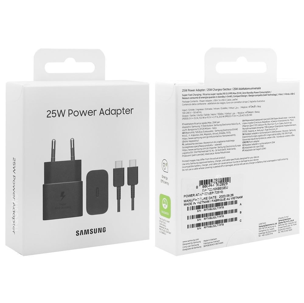 Samsung T2510XBEGEU 25W Blister Hálozati Töltőfej + USB-C Adatkábel - Feke