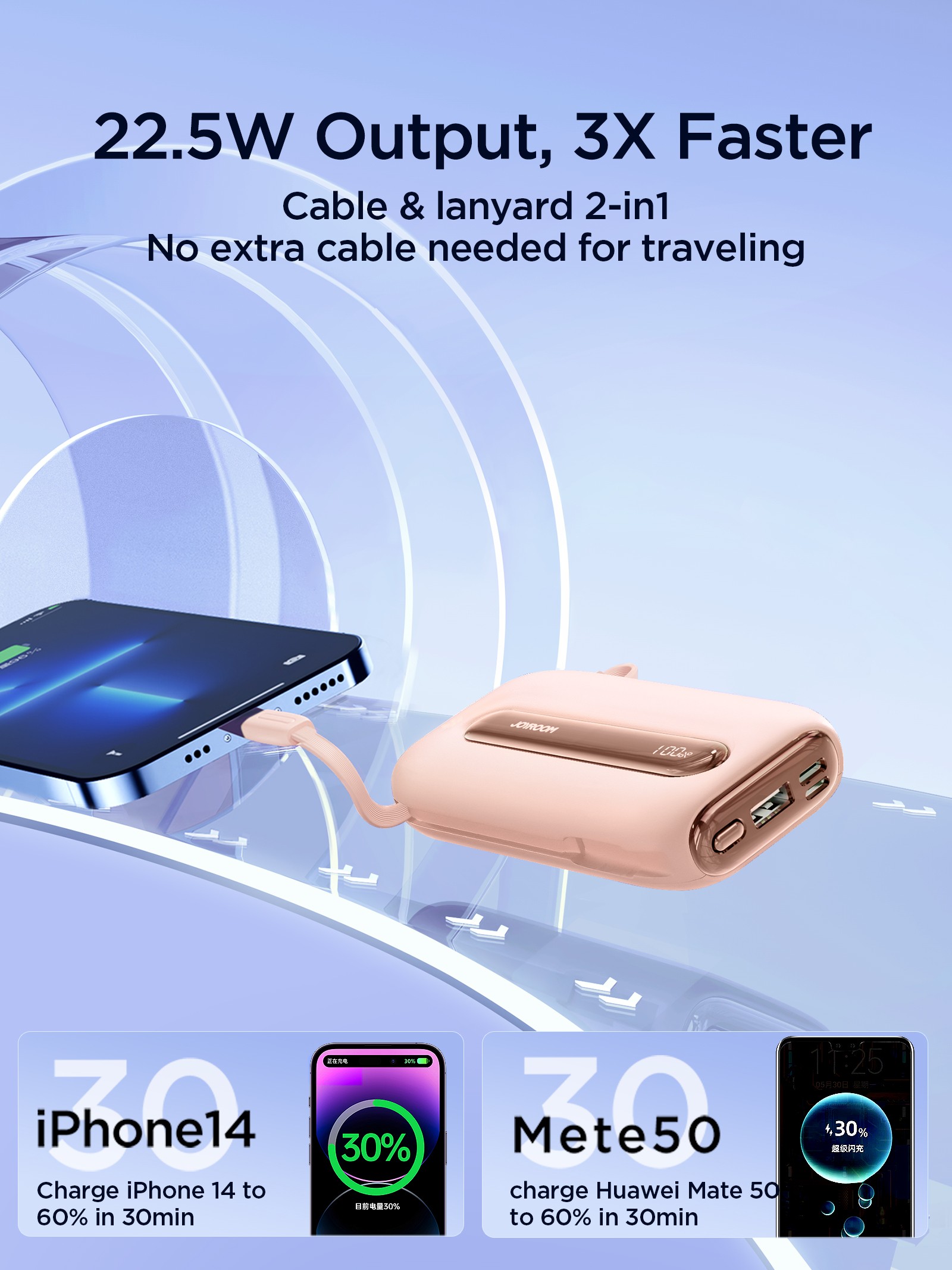 Joyroom JR-L012 Plus 20000mAh 22.5W beépített Type-C/Lightning kábeles Pow