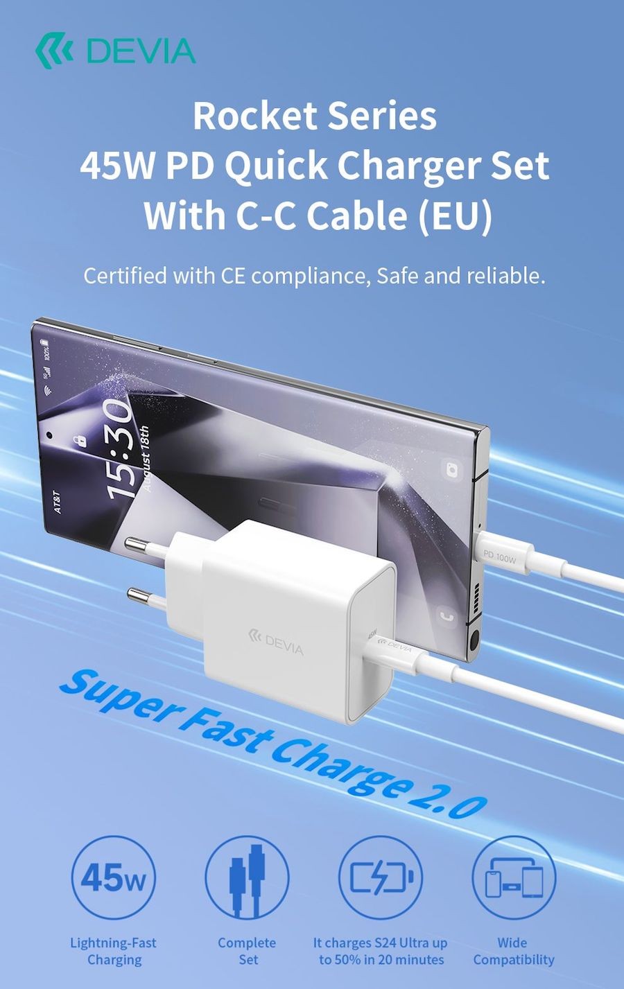 Devia GS-W45A0948 Rocket PD 45W Hálózati Töltőfej + PD USB Type-C Töltőkáb