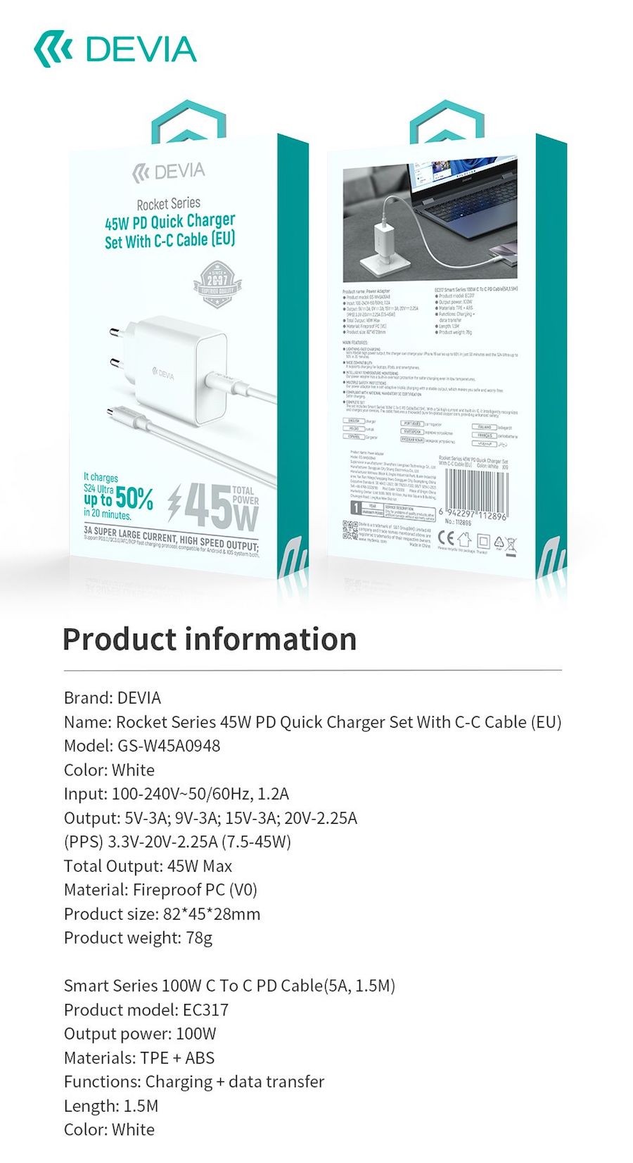 Devia GS-W45A0948 Rocket PD 45W Hálózati Töltőfej + PD USB Type-C Töltőkáb