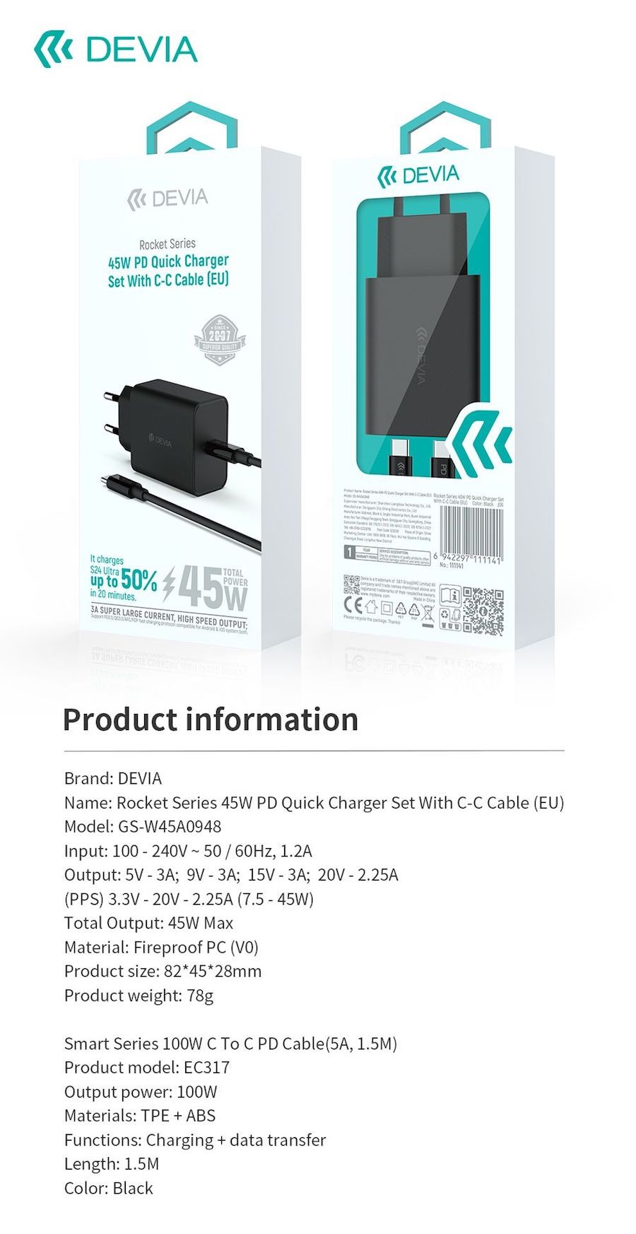 Devia GS-W45A0948 Rocket PD 45W Hálózati Töltőfej + PD USB Type-C Töltőkáb