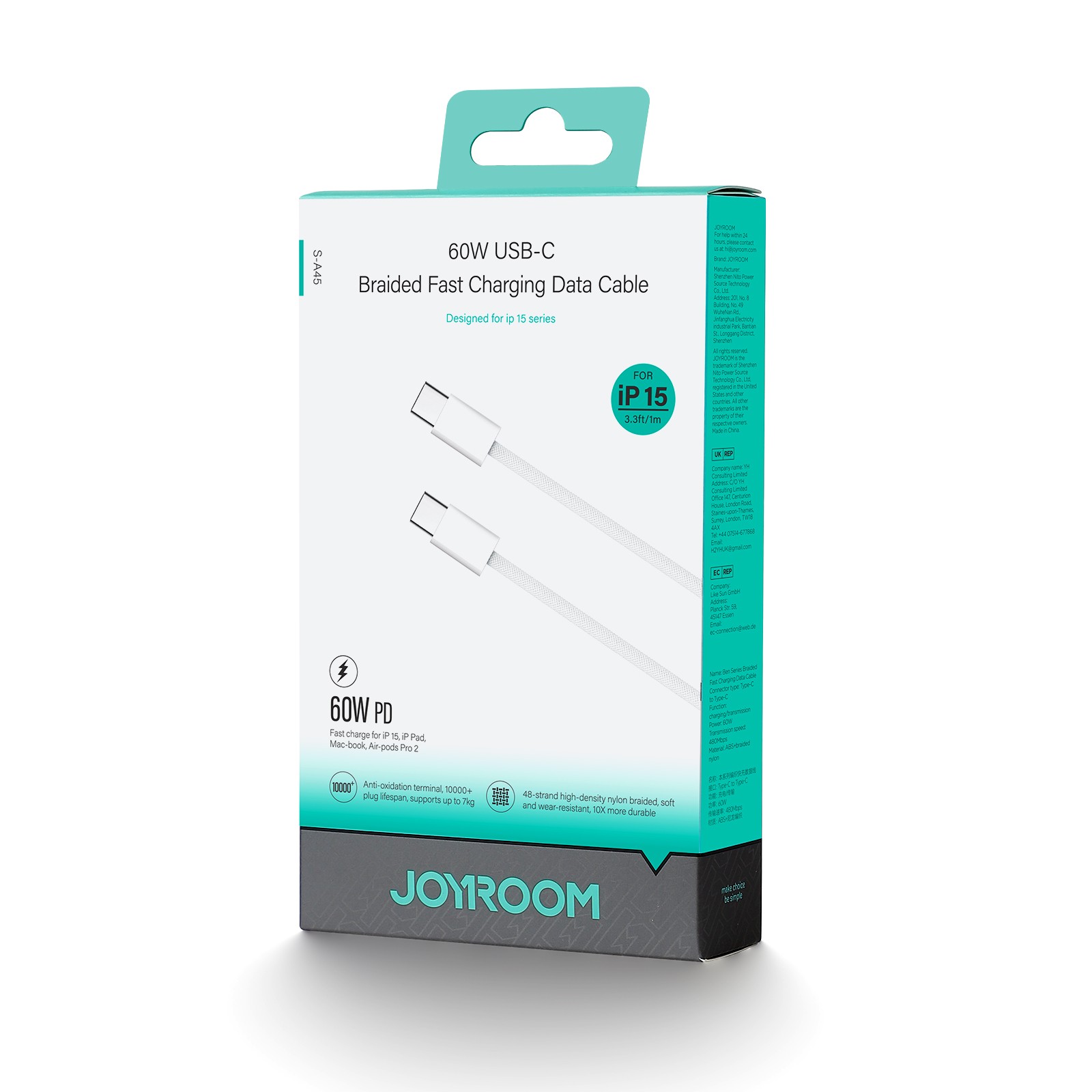 Joyroom S-A45 60W USB Type-C 1M Adatkábel - Fehér