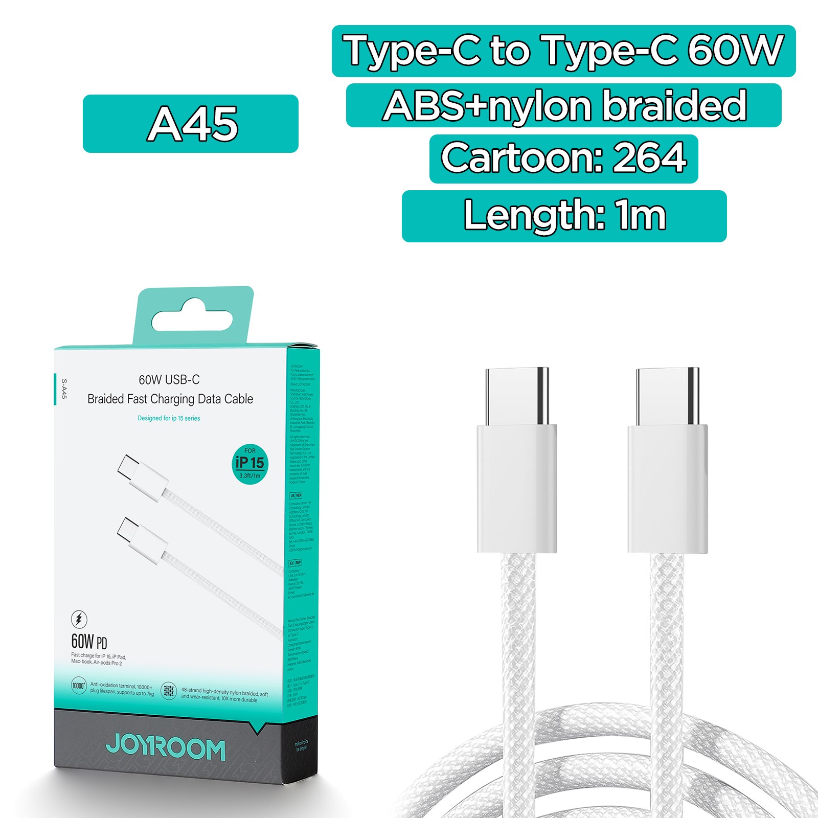 Joyroom S-A45 60W USB Type-C 1M Adatkábel - Fehér