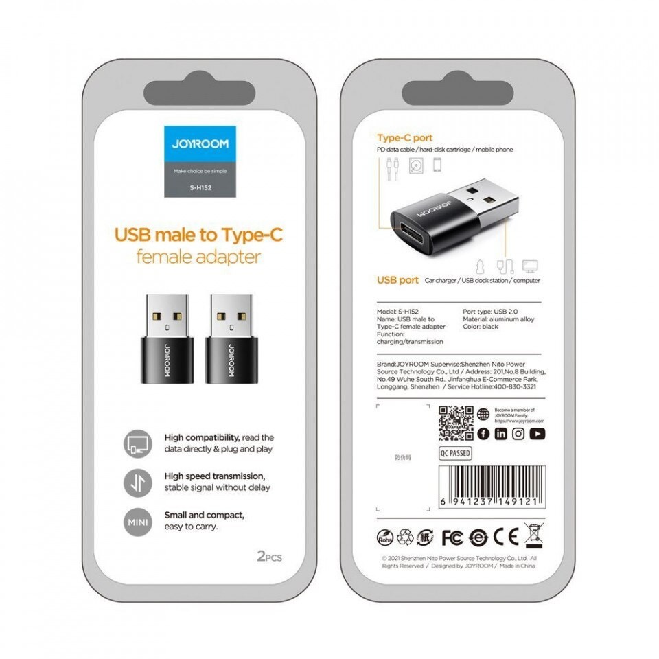 Joyroom S-H152 USB to USB Type-C Átalakító - Fekete