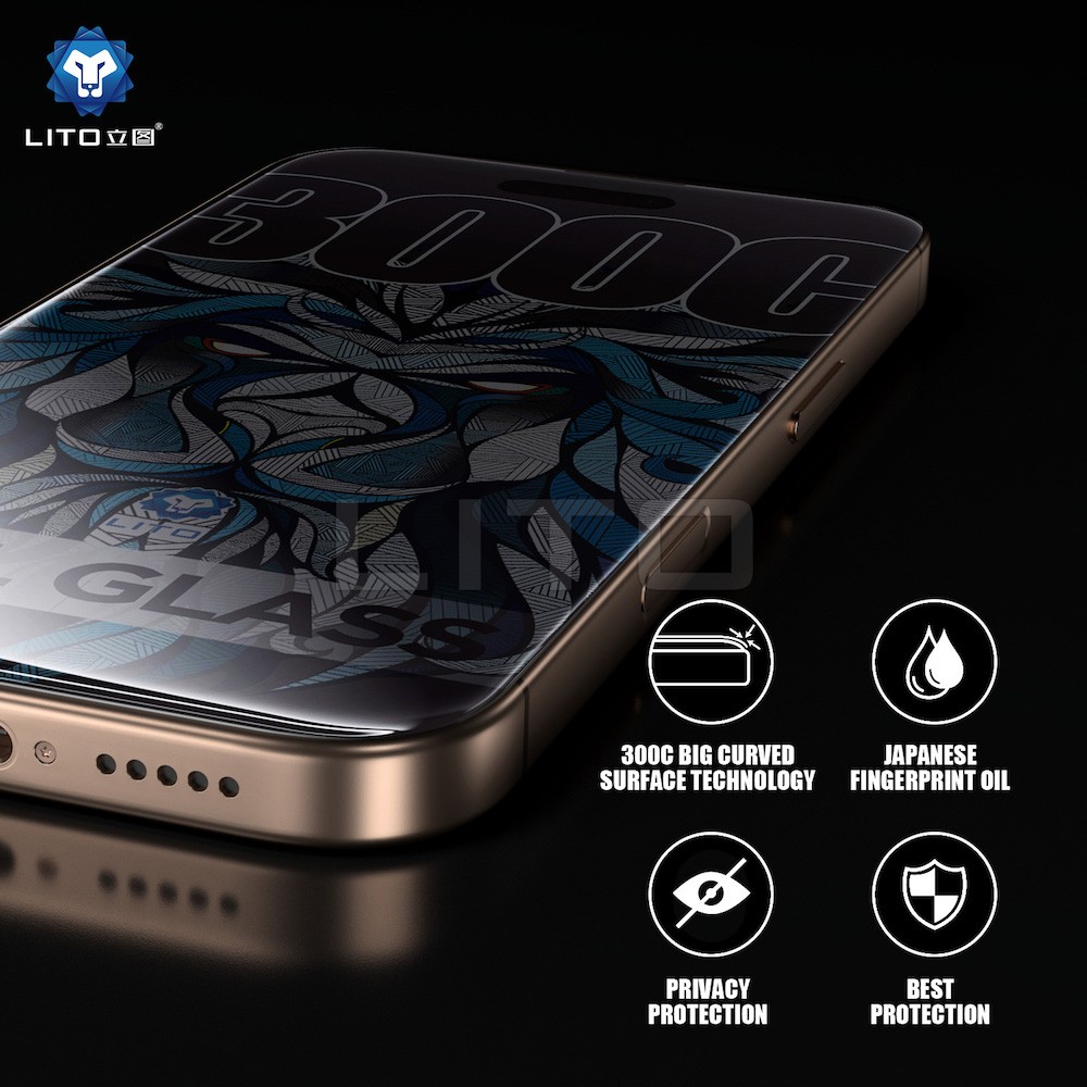 Apple iPhone 16 Lito D+ Max 300C ESD Privacy 2.5D Full Üvegfólia - Fekete