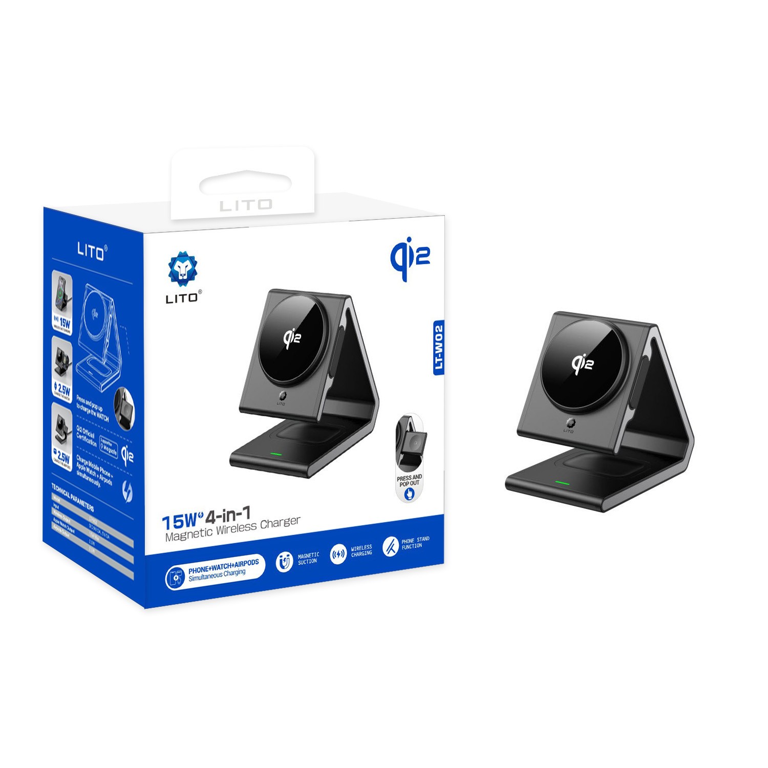 Lito LT-W02 Q12 15W 3in1 Wireless Asztali Töltő - Fekete