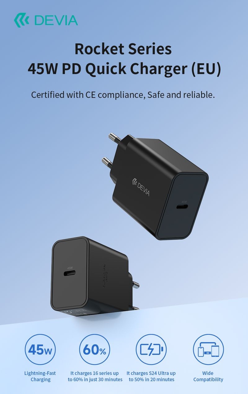 Devia GS-W45A0948 Rocket PD 45W Hálózati Töltőfej - Fekete