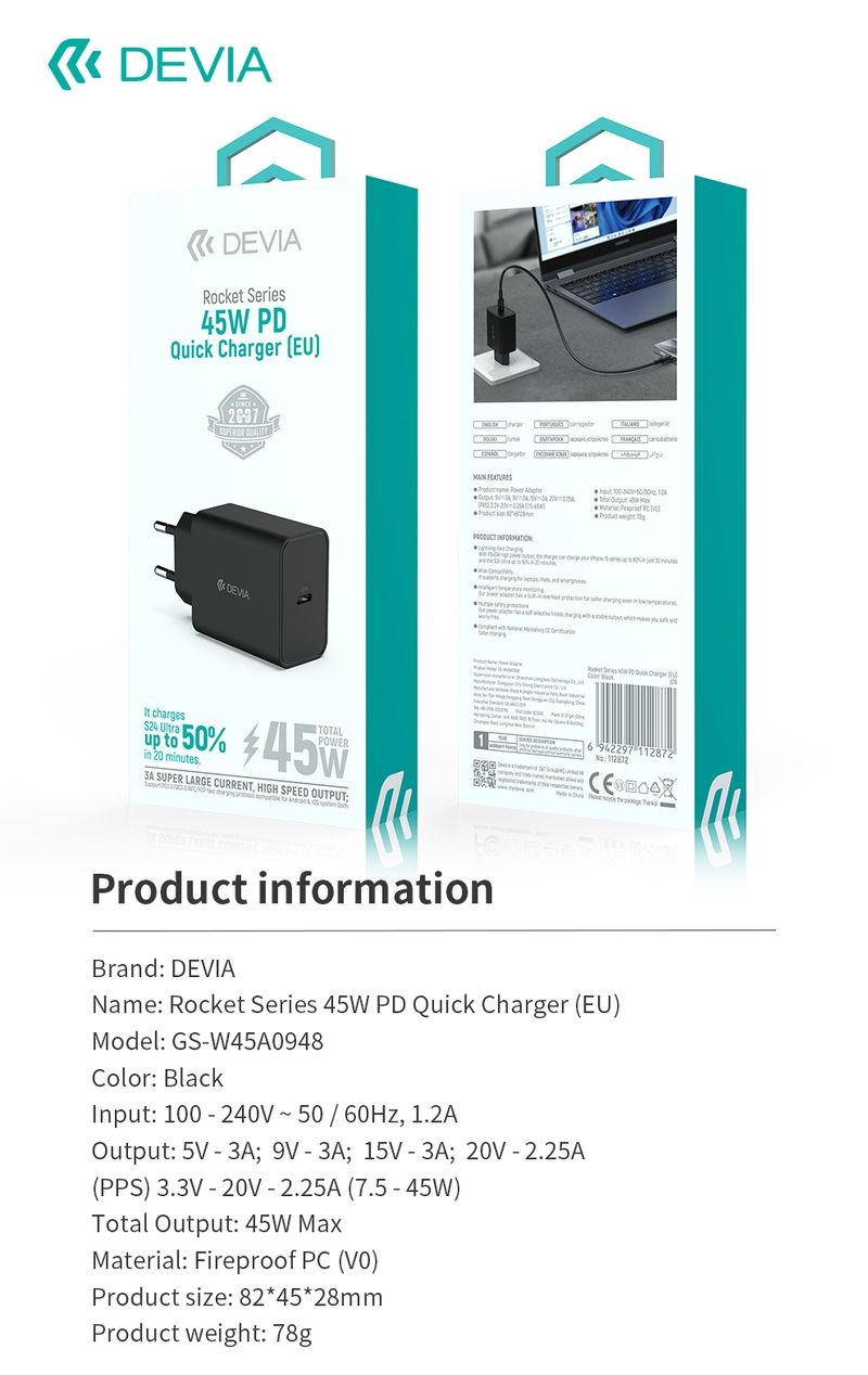 Devia GS-W45A0948 Rocket PD 45W Hálózati Töltőfej - Fekete