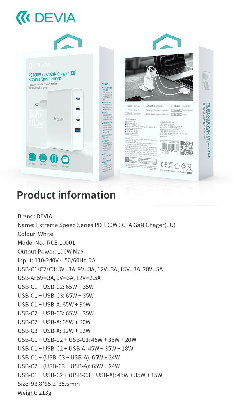 Devia RCE-10001 Extreme Speed PD 100W GaN + QC 3.0 Hálózati Töltőfej - Feh