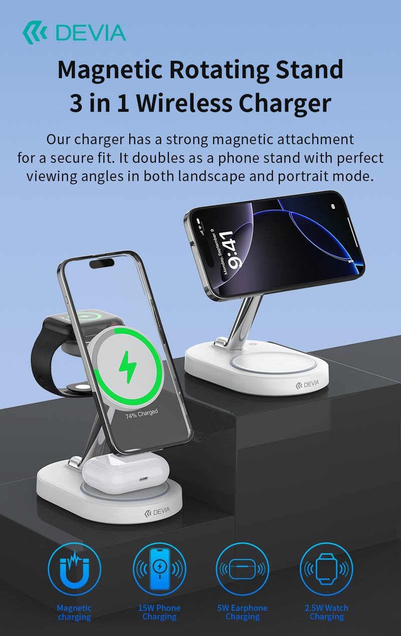Devia Y302 Smart 3in1 Wireless Asztali Töltő - Fehér
