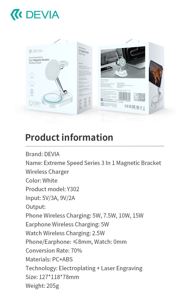 Devia Y302 Smart 3in1 Wireless Asztali Töltő - Fehér