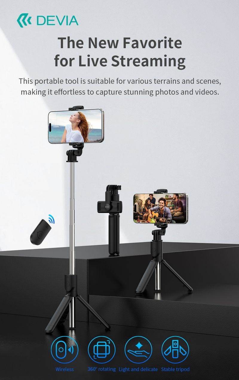 Devia ES083 Kintone Tripod Stand Multifunkciós Wireless Selfie Bot - Feket