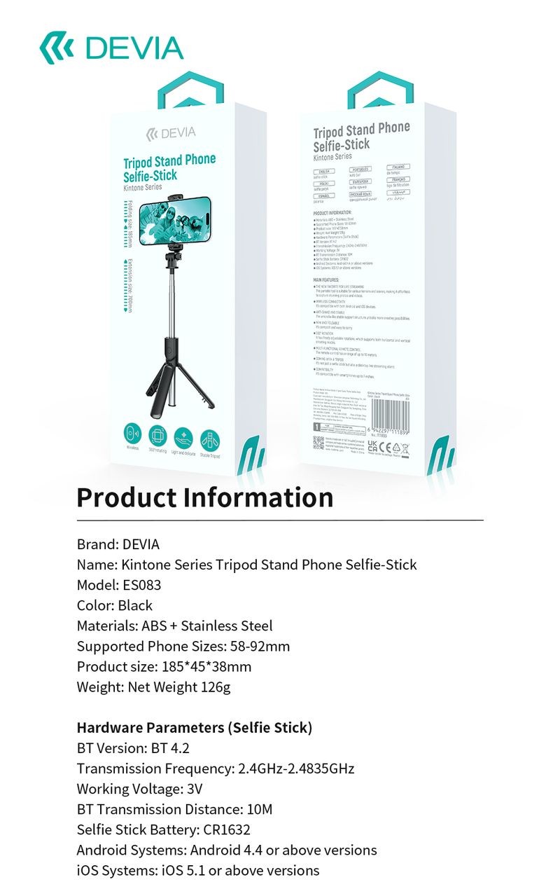 Devia ES083 Kintone Tripod Stand Multifunkciós Wireless Selfie Bot - Feket