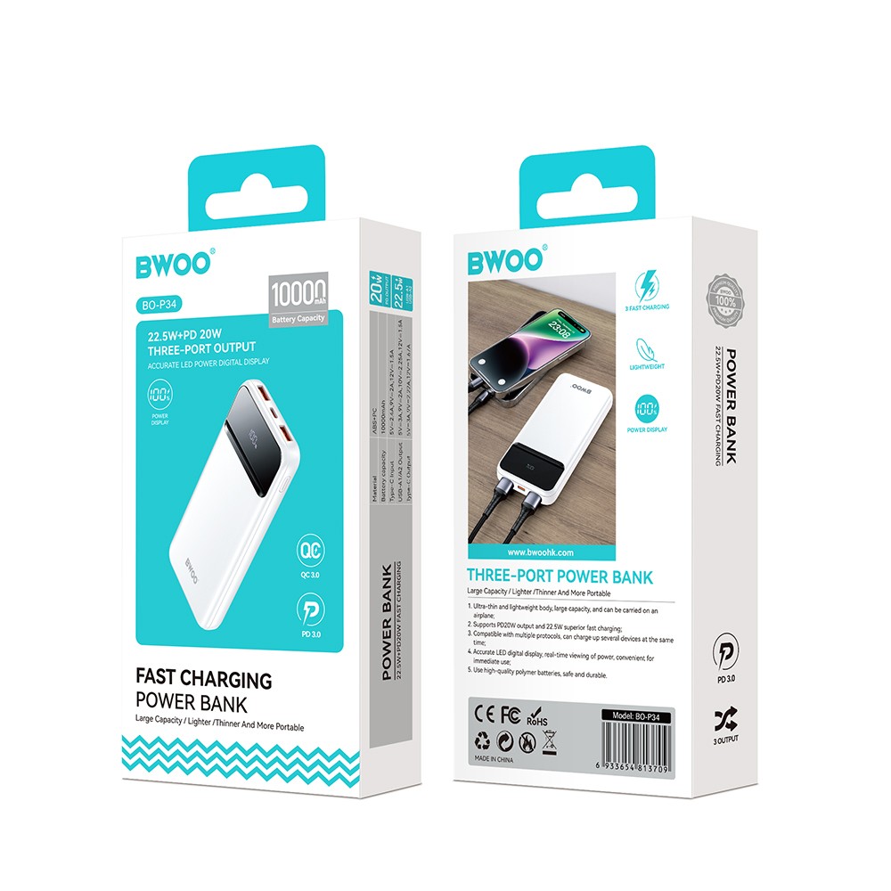 BWOO BO-P34 10000mAh 22.5W Powerbank - Fehér